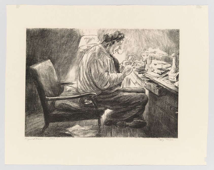 A black and white sketch of a person seated at a desk, engrossed in writing with papers and a bottle on the desk. The individual appears focused, with their left hand holding a pen to paper and their right hand resting on the desk. The room is dimly lit by a lamp on the desk, casting shadows around the figure and the room.
