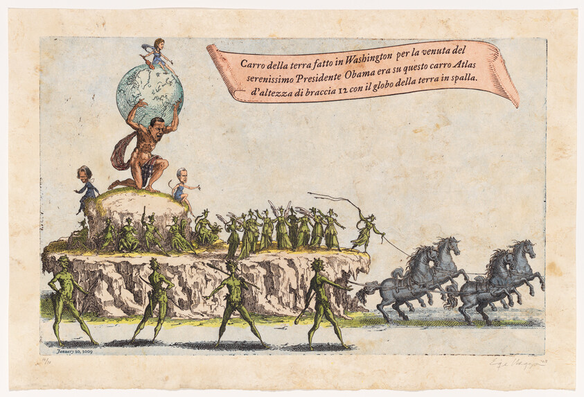 A large Atlas-like man holds a globe while small figures pull a platform and horses strain forward.
