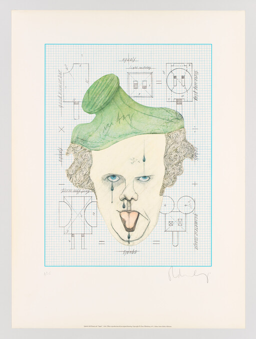 A pale clown face with blue eyes and black teardrops sticks out its tongue against graph paper.