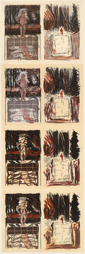 A series of eight vertically stacked drawings depicting abstract figures and scenes. Each drawing is split into two panels with the left panel showing a figure standing on a gridded platform with a shadowy background, and the right panel illustrating a figure in a forest-like setting with dark, expressive brushstrokes. The artwork uses a limited color palette of browns, reds, and blacks.