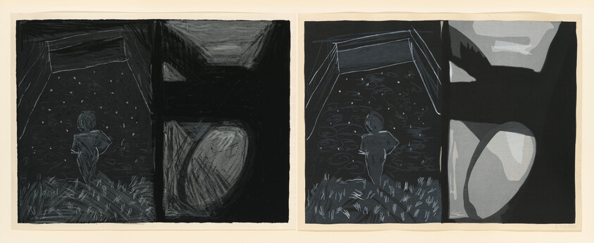 A diptych of two similar abstract illustrations, each featuring a silhouette of a person standing in a field looking towards a large, dark, open doorway. The left image is drawn with white lines on a black background, while the right image has a reversed color scheme with black lines on a gray background. Both images evoke a sense of mystery and contemplation.