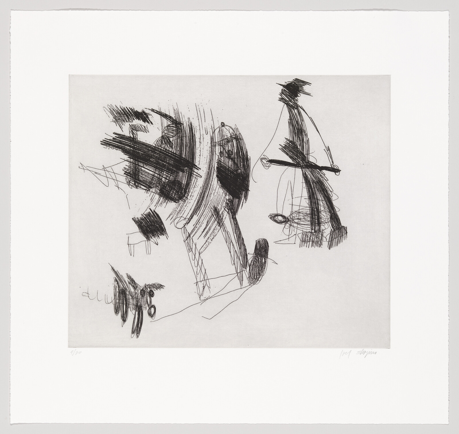 Abstract black line drawing shows a person holding a rope, leading a large animal with four legs.