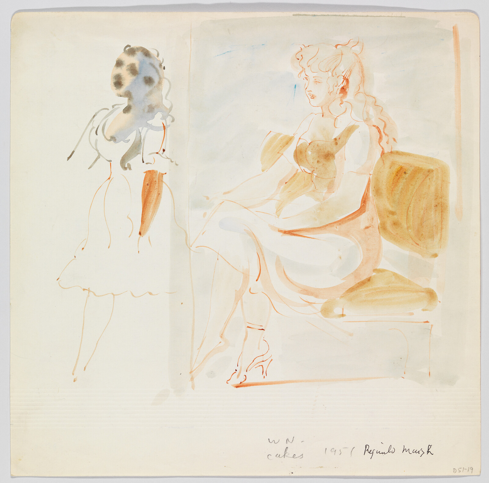 A watercolor sketch of two women, one seated on a bench and one standing.