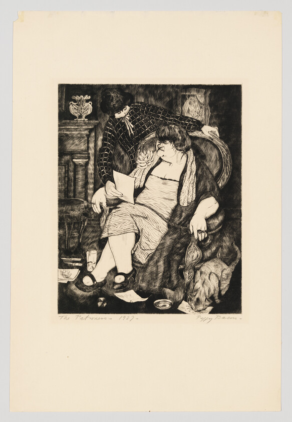 A woman sits reading a letter while a man leans over her and a dog rests nearby.