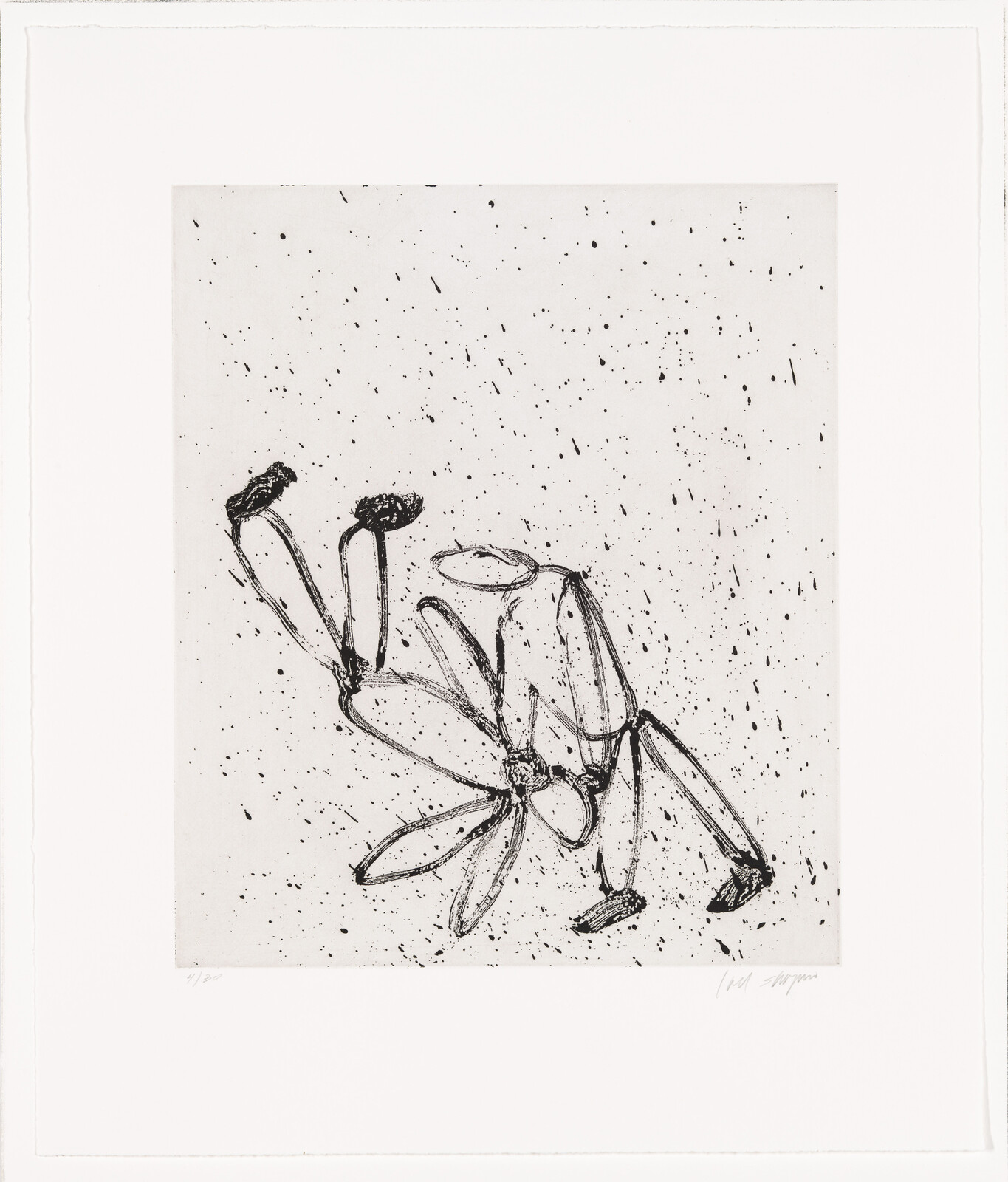 A simple black line drawing of a flower with five petals, surrounded by small scattered dots.