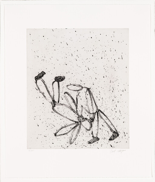A black ink sketch shows a jointed puppet-like figure with petal-shaped limbs against a speckled background.