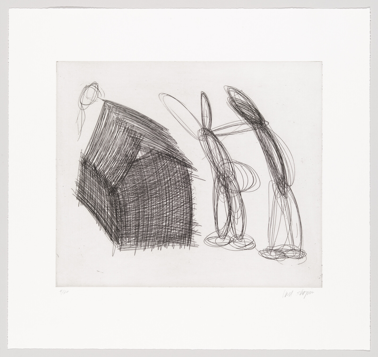 Two abstract figures made of overlapping lines stand next to a dark, scribbled house shape.