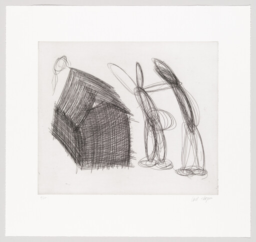 Scribbled dark house on left with two tall sketched figures standing and leaning on the right.