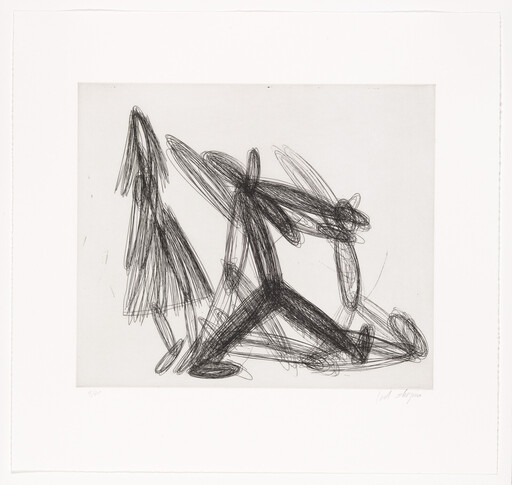 Three dark scribbled figures in motion, one appearing to kneel while others stand nearby.
