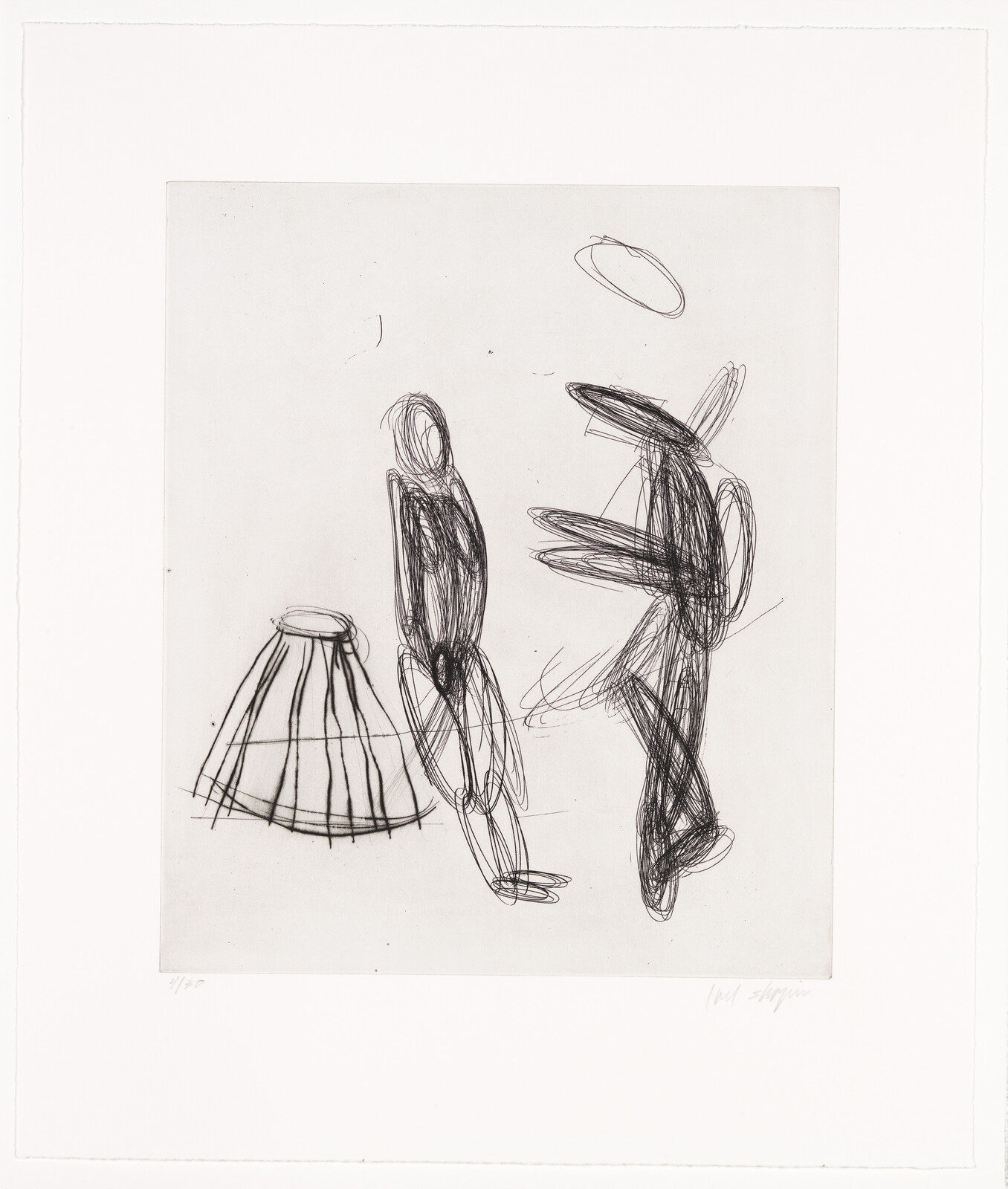 Two abstract human-like figures and a cone-shaped object drawn with loose, overlapping black lines on white background.