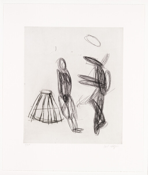 Three loose ink sketches show two standing human figures and a skirt-like shape.