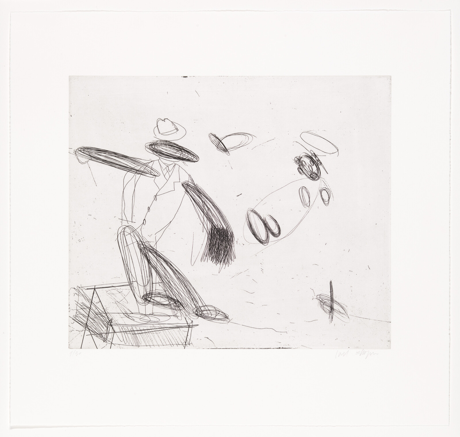 A rough sketch shows a person in a hat with exaggerated arms, facing an abstract animal figure.