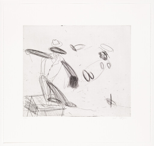 A loosely sketched figure in a suit stepping onto a box while hats float around.