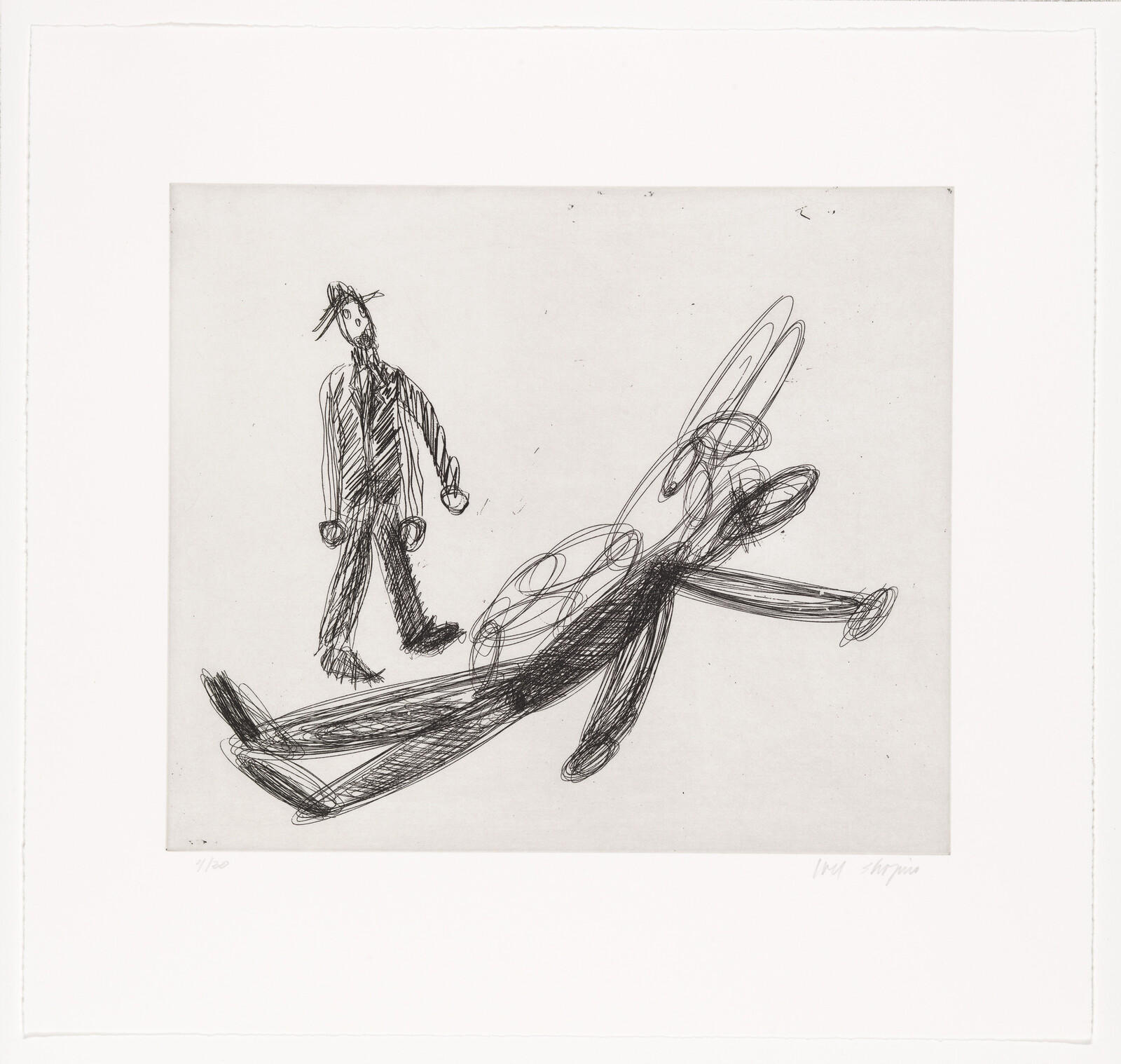 A person in a suit stands next to a large, scribbled figure lying on the ground.