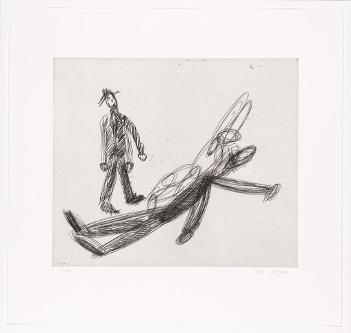 A roughly sketched person stands while another scribbled figure falls or lies across the floor.