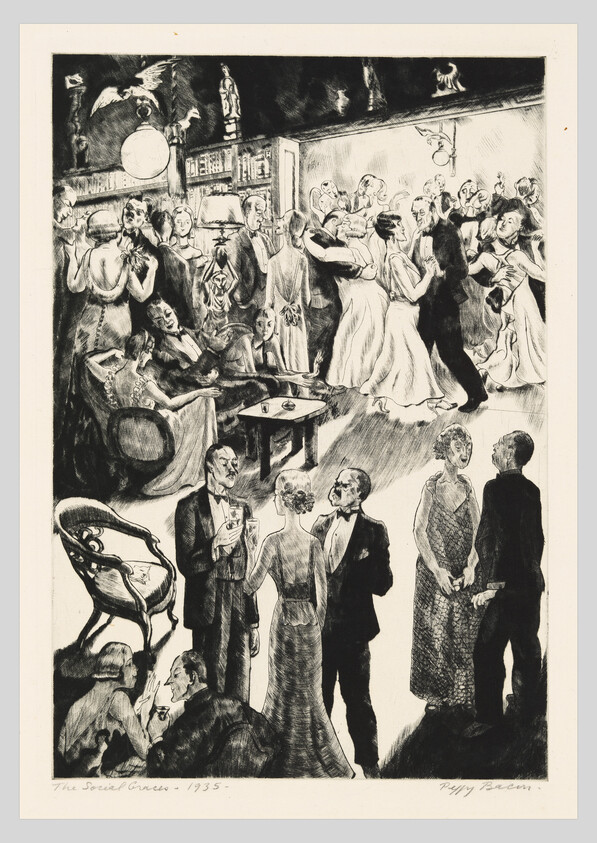 Couples in formal attire dance and converse at a crowded 1930s social ball.