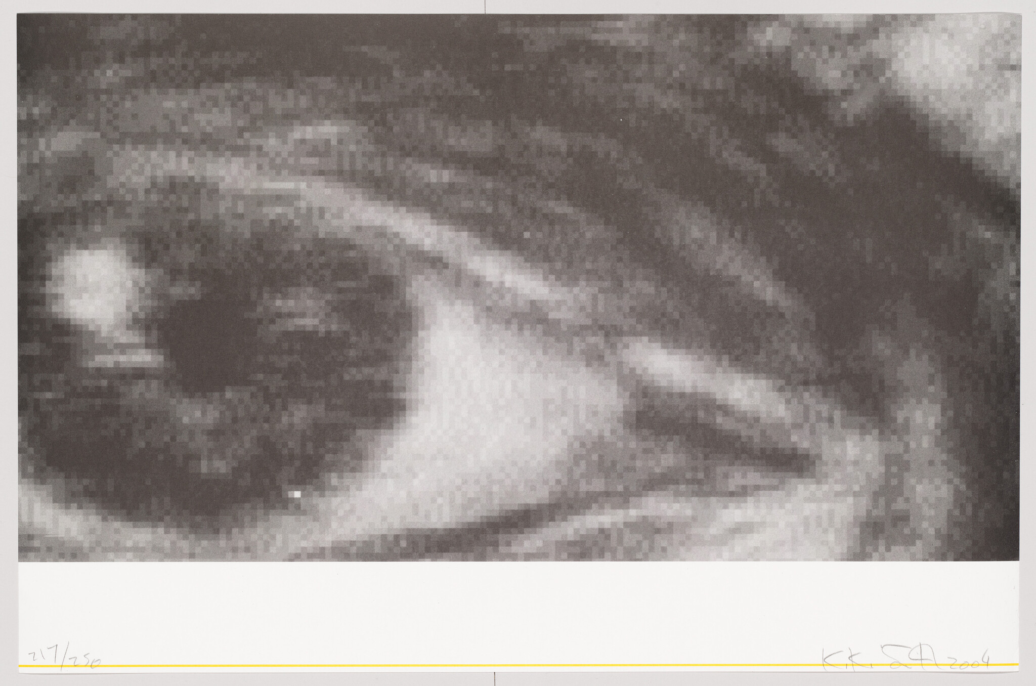A grayscale pixelated image of a human eye, giving the impression of a digital or mosaic effect. The artwork is signed and numbered at the bottom, suggesting it is part of a limited series.