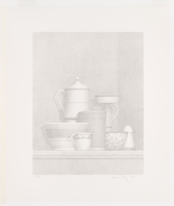 A simple still life showing stacked teapots, bowls, cups, and a small pitcher on a shelf.