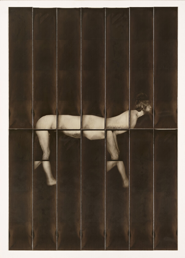 Nude person lying horizontally across vertical panels, the body fragmented into repeated segments.