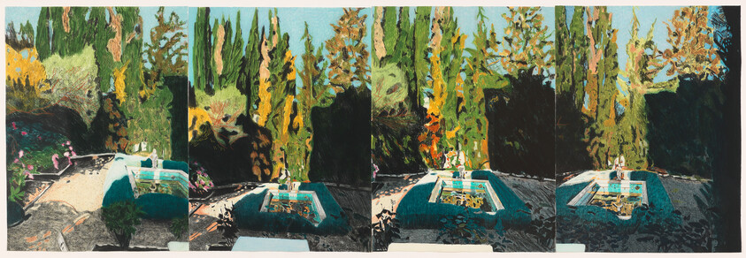 A series of panels showing a rectangular pool and fountain surrounded by tall cypress trees.