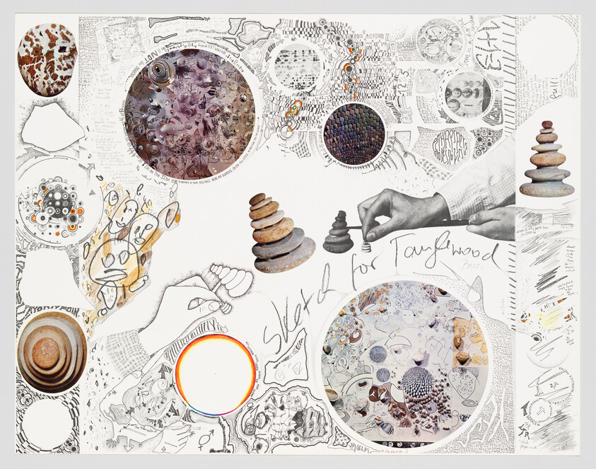 Hands arranging small stacked stones amid sketches and circular mixed media drawings.