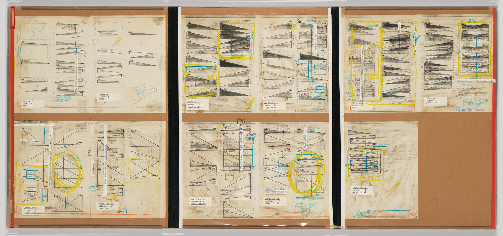 A large, framed collage of architectural drawings and sketches with various annotations, notes, and colorful markings. The sketches appear to be studies of structural elements and building details, with some sections highlighted in yellow and blue. Handwritten notes and corrections are visible throughout, suggesting an iterative design process. The collage is mounted on a beige background with a red border on the left and right edges.