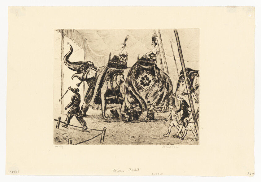 Three decorated elephants stand under a circus tent while handlers and children walk nearby.