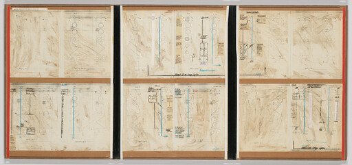 Eight weathered technical sketches with diagrams and handwritten notes arranged in a three-by-two grid on a board.