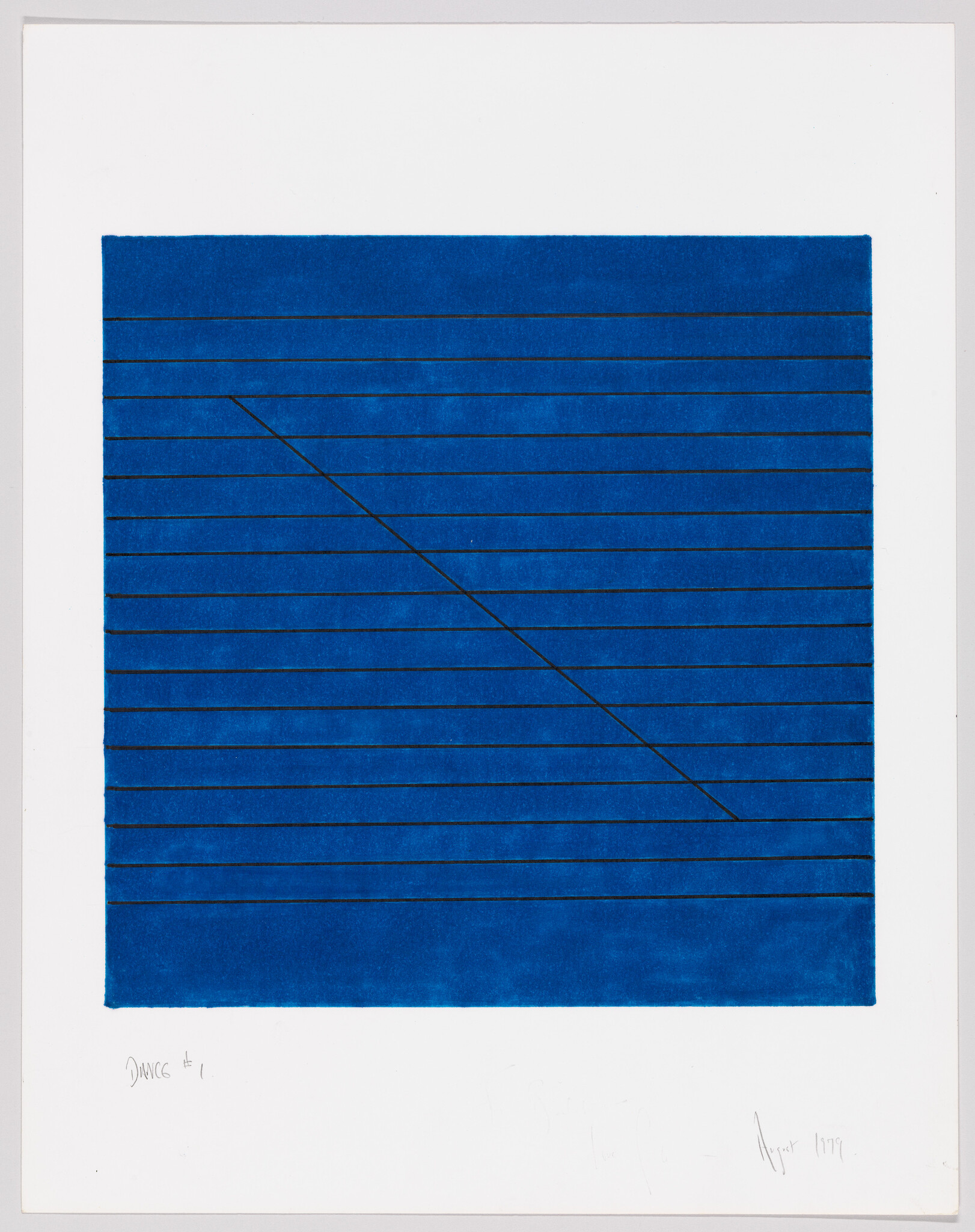 A blue rectangle containing several equally spaced horizontal black lines, all intersected by a single diagonal line