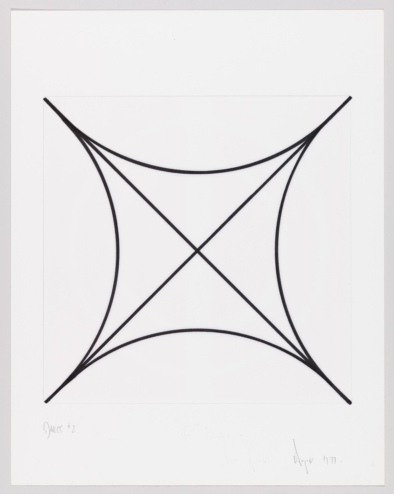 A black and white geometric drawing featuring a series of curved lines that intersect to form an envelope-like shape within a square border. The lines thicken as they approach the corners of the square. There is handwriting at the bottom of the image, possibly a signature and date, but it is not legible in the image provided.