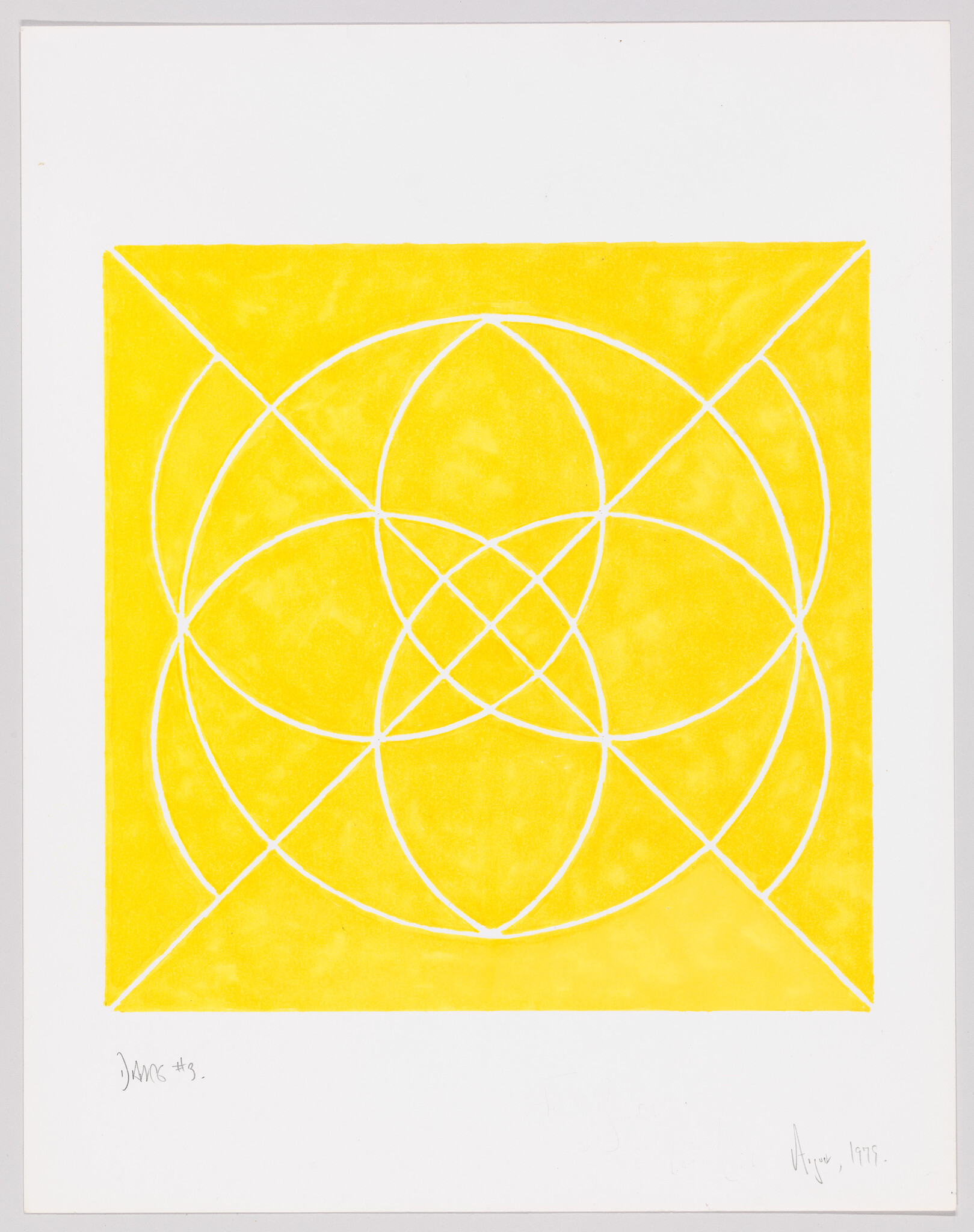 A vibrant yellow square canvas featuring a white interlocking circle design known as the Flower of Life, with artist's signatures and the date 1975 at the bottom.