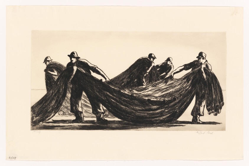 Five fishermen pull a heavy fishing net together along the shoreline.