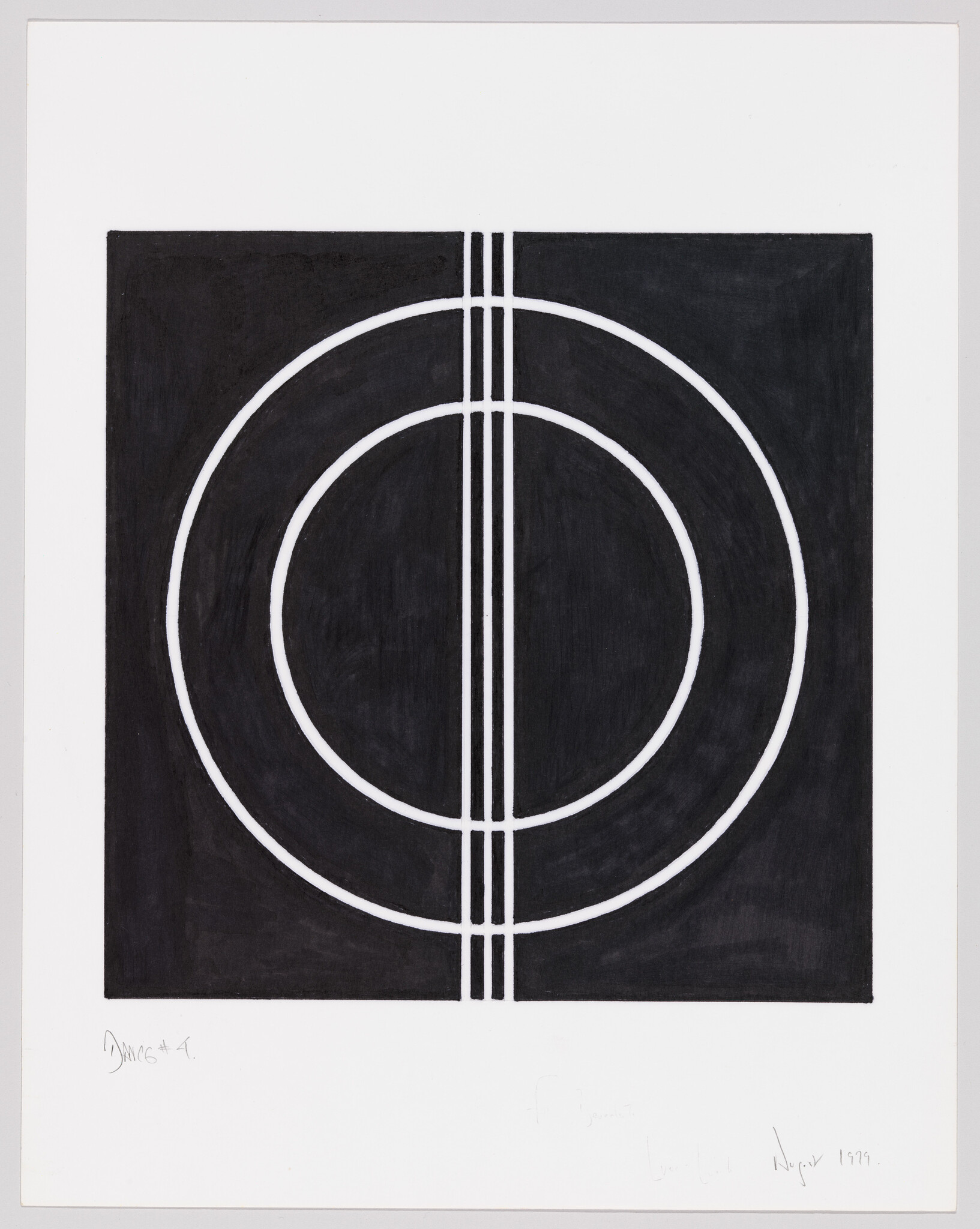 Two thin white concentric circles broken by three vertical lines against a black square background&nbsp;