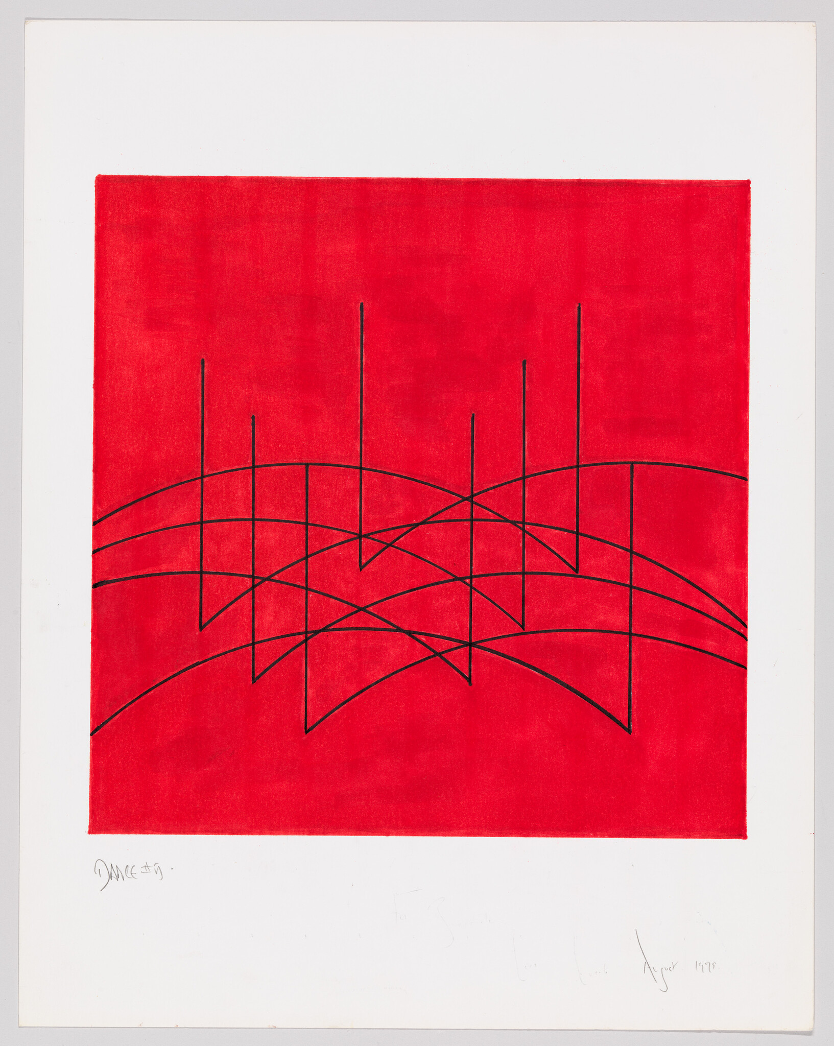 Thin black lines stand, then leap, in arcs across a red backdrop