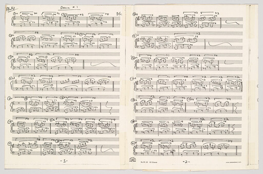 Handwritten musical score spread across two pages with notes, slurs, and performance markings.