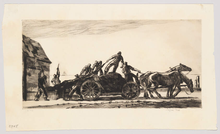 Several workers load a heavy bale onto a horse-drawn cart while others steady the load.