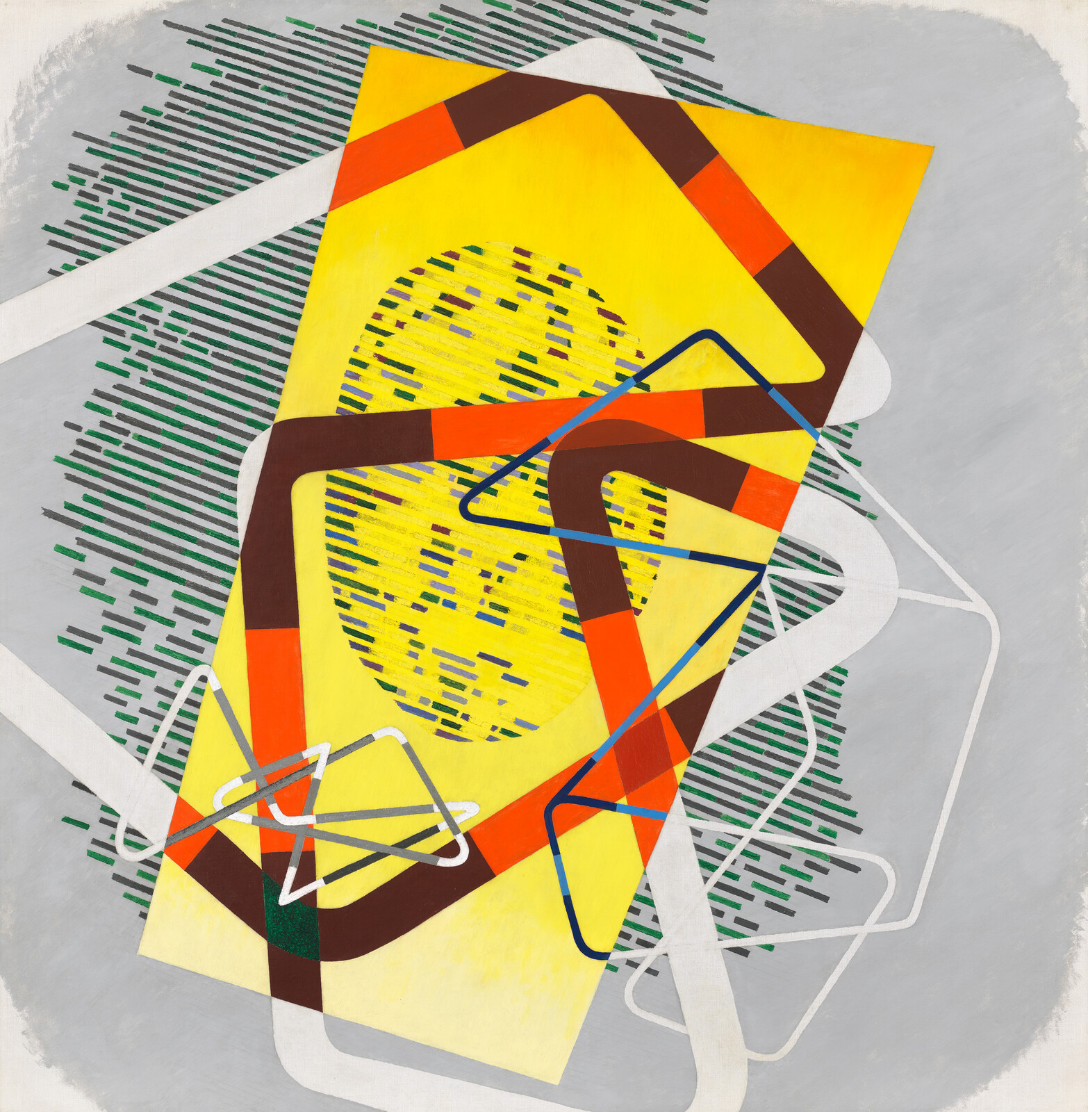 Bright yellow tilted panel with striped brown-orange frame and looping white and blue geometric lines.