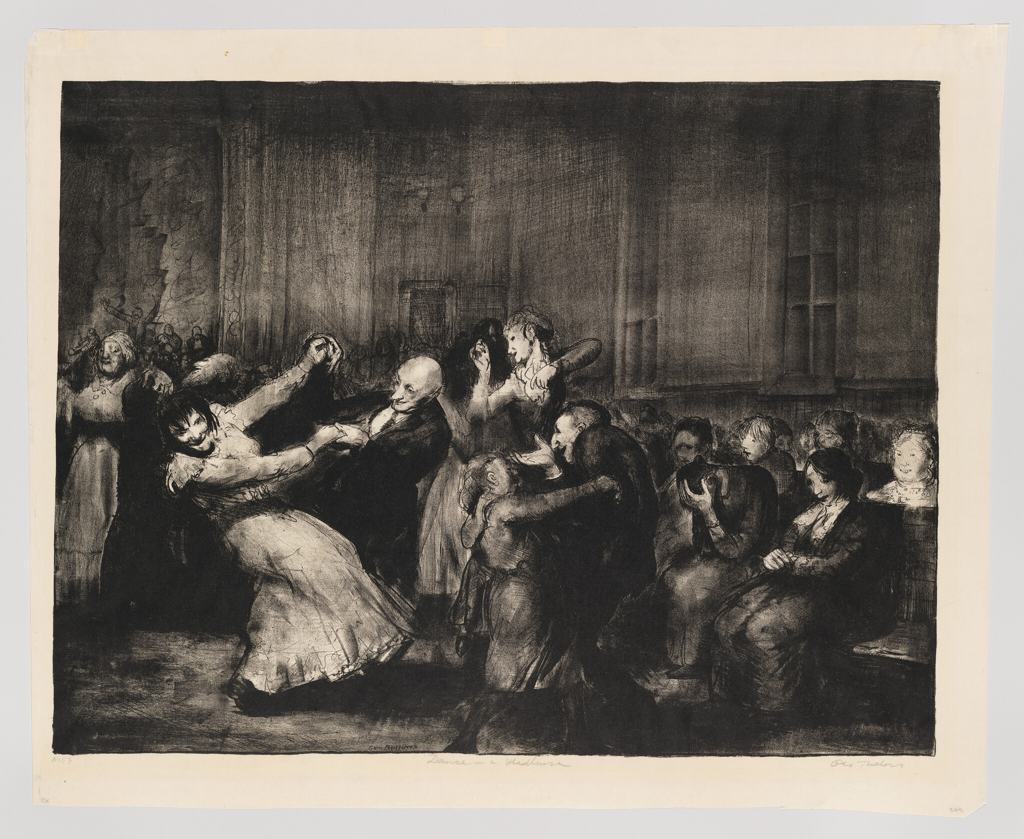 Couples dancing energetically in a crowded dim ballroom while others watch from benches.