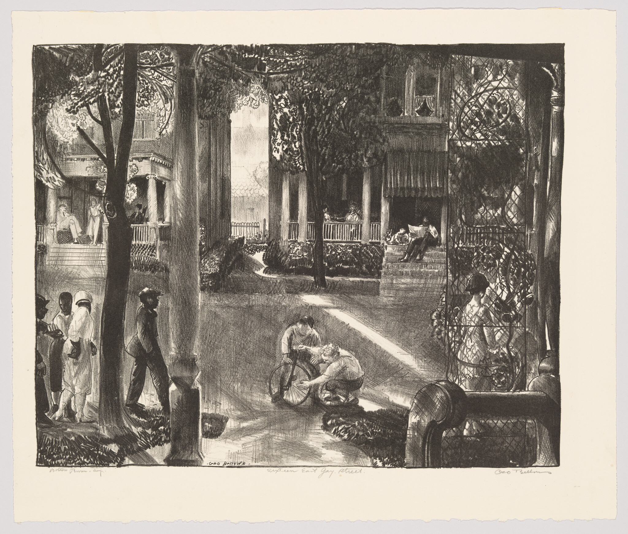 Two boys kneel on a sunlit path fixing a bicycle while neighbors watch from porches.