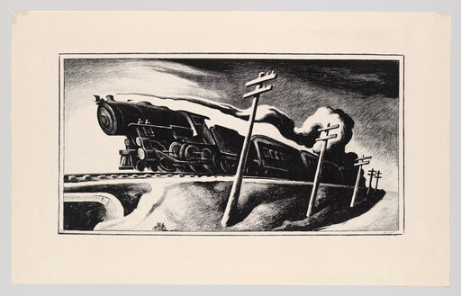 A steam locomotive races along elevated tracks past leaning telephone poles under a cloudy sky.