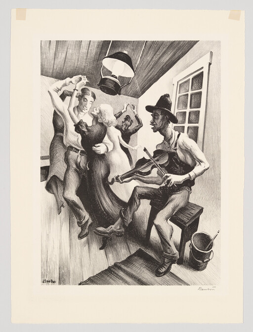 A fiddler plays while couples dance energetically in a small, lamp-lit room.