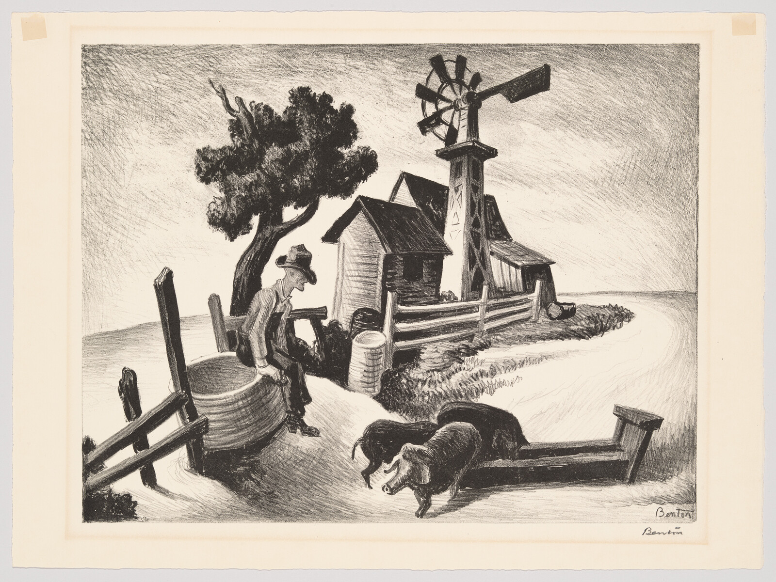 A farmer sits on a barrel near a windmill while two dogs drink from a trough.