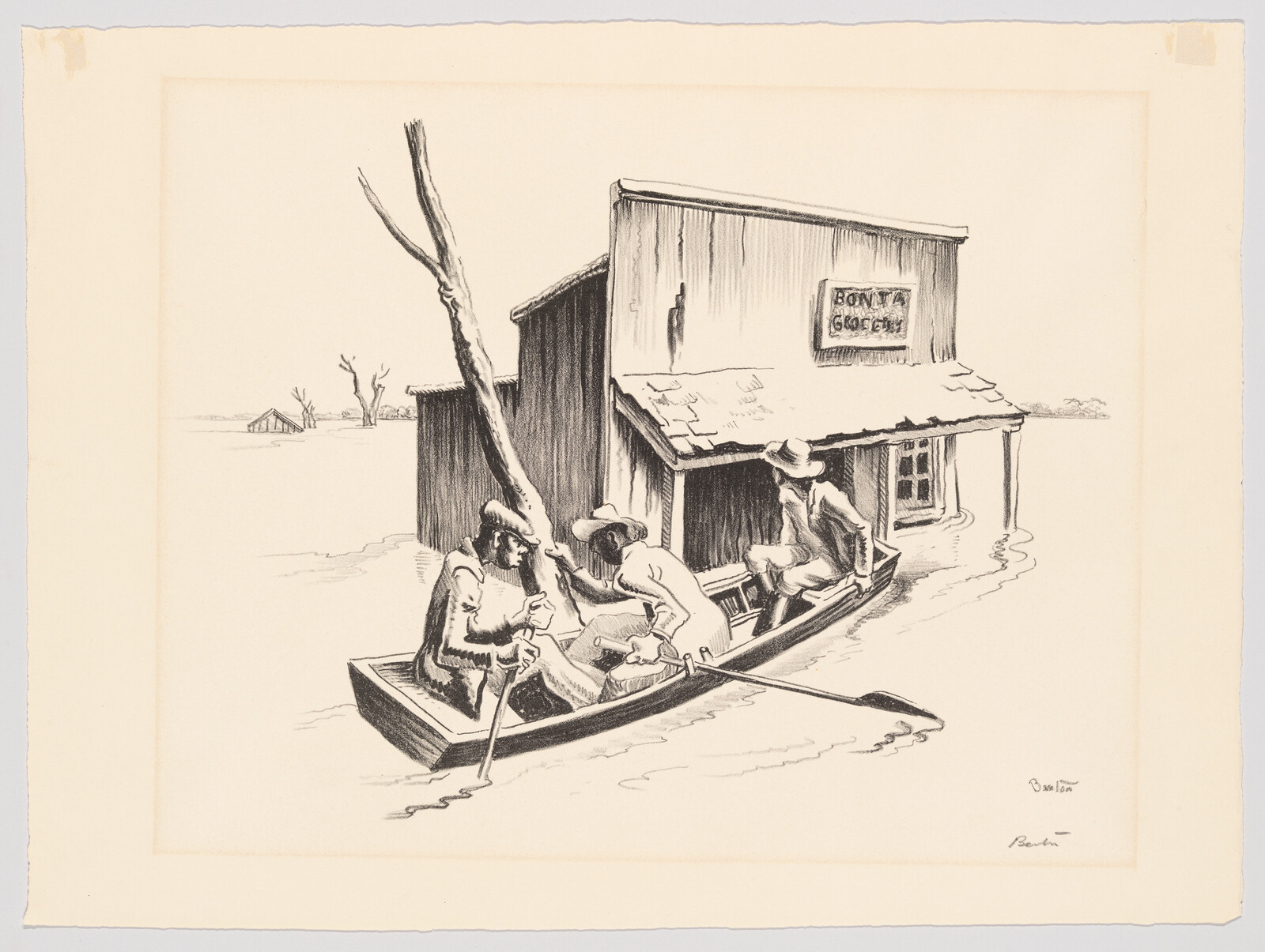 Three men in a small boat approach a partially submerged grocery store during a flood.