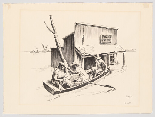 Three men in a small boat approach a partially submerged grocery store during a flood.