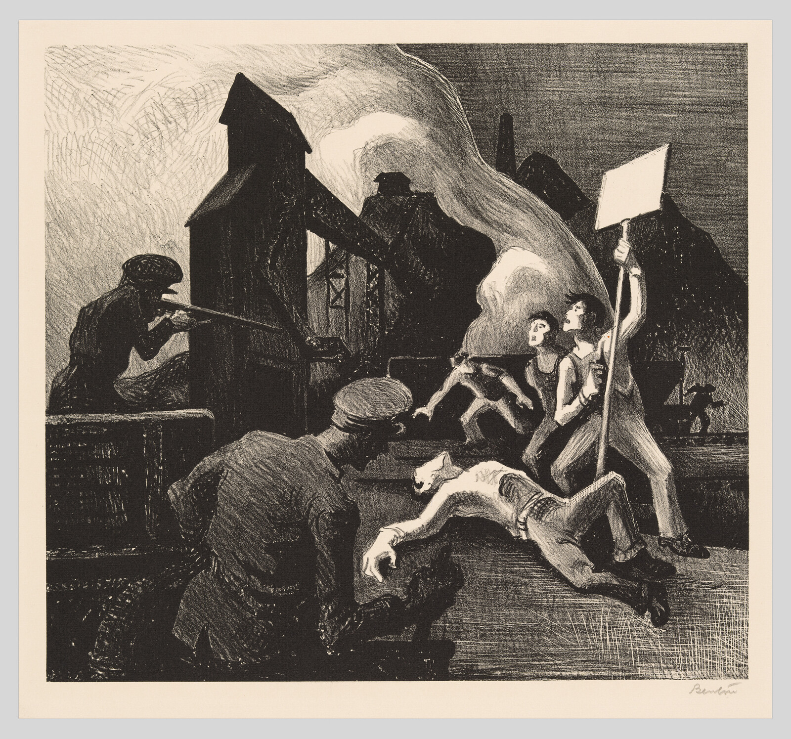 Workers react to an injured man as a shooter aims and a protester holds up a blank sign.