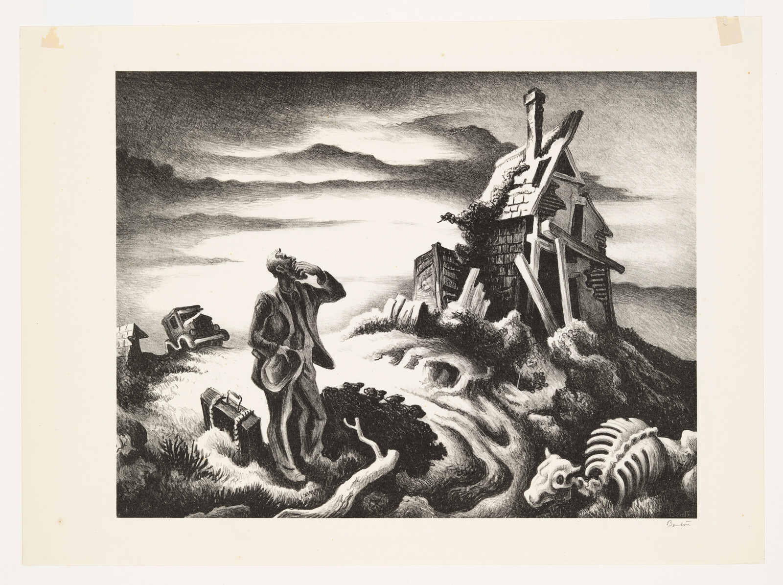 A weary traveler stands by a ruined house and animal skeleton, shielding his eyes and holding luggage.