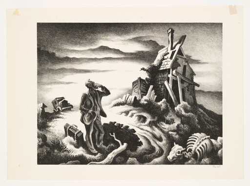 A weary traveler stands by a ruined house and animal skeleton, shielding his eyes and holding luggage.