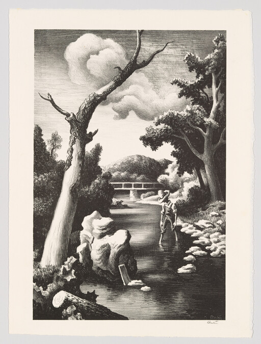 A boy wades in a shallow stream near rocks with trees and a bridge in the distance.