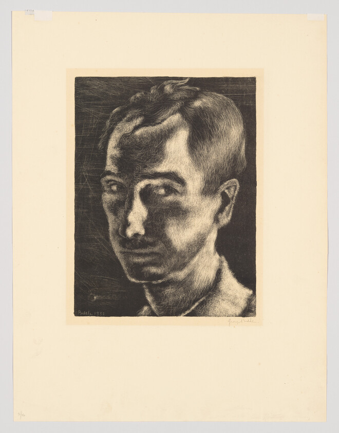 A high-contrast charcoal-style portrait of a man's head looking slightly left.