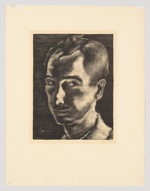 A high-contrast charcoal-style portrait of a man's head looking slightly left.